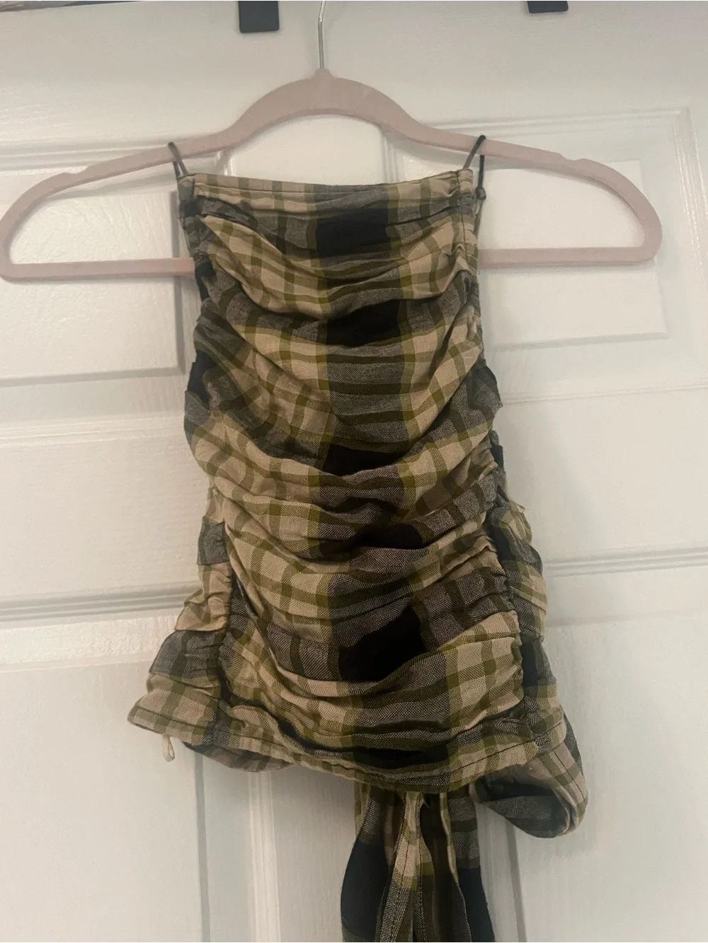 Free People Olive, Black and Cream Plaid Ruched Strapless Camisole - Picture 1 of 3